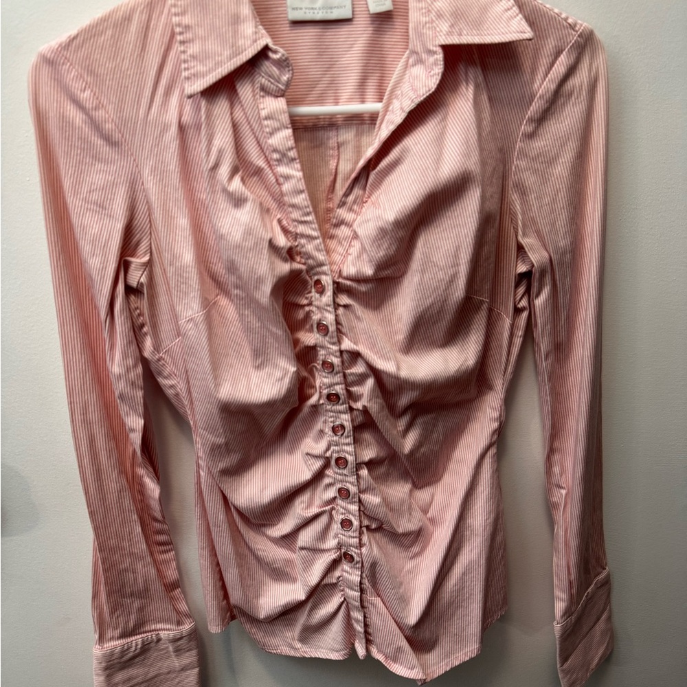 New York & Company Pink Striped Button Down Shirt